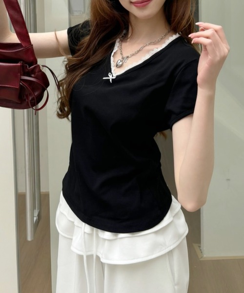 Ada.（エイダ）の「Vネック レースデザイン フレンチスリーブ カットソー（Tシャツ/カットソー・レディース・ブラック/アイボリー/ライトグレー/ピンク・FREE）」の12枚目の写真
