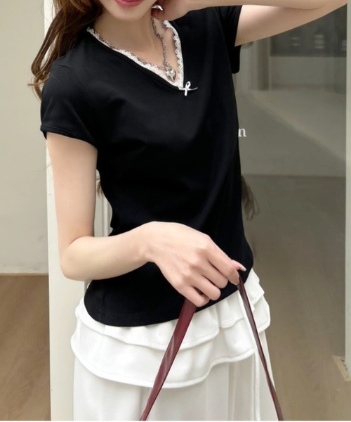 Ada.（エイダ）の「Vネック レースデザイン フレンチスリーブ カットソー（Tシャツ/カットソー・レディース・ブラック/アイボリー/ライトグレー/ピンク・FREE）」の15枚目の写真
