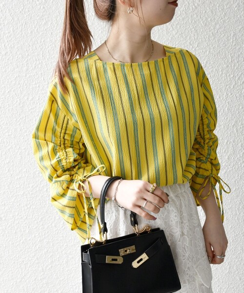 SHIPS for women / シップスウィメン SHIPS any:〈洗濯機可能〉ミニサッカー ドロスト リボン ボートネック ブラウス SHIPS any:〈洗濯機可能〉ミニサッカー ドロスト リボン ボート