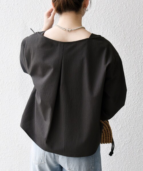 SHIPS for women / シップスウィメン SHIPS any:〈洗濯機可能〉ミニサッカー ドロスト リボン ボートネック ブラウス SHIPS any:〈洗濯機可能〉ミニサッカー ドロスト リボン ボート