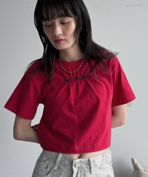 ロゴ刺繍ギャザーショート丈Tシャツ