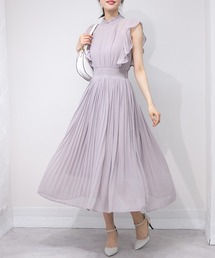 消しプリーツ フリルデザイン ロングワンピース