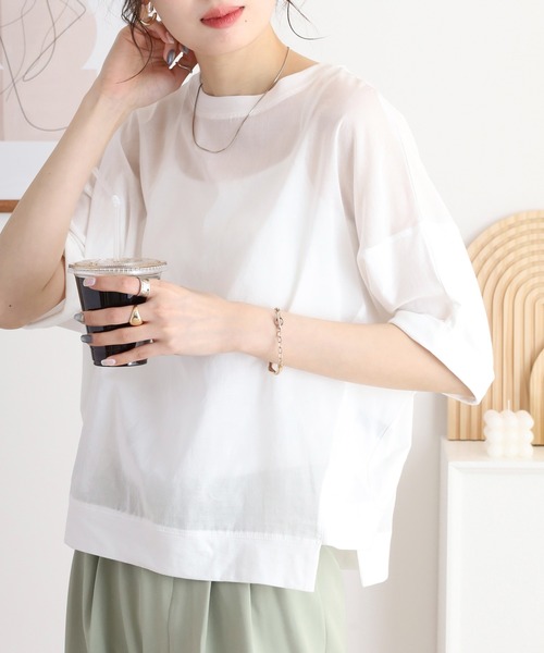 tシャツ Anna Nicola 異素材切替ドルマンスリーブシアーカットソー 日本製 レディース セール】Anna Nicola 異素材切替ドルマンスリーブシアー