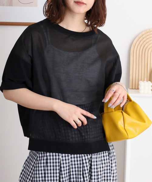 tシャツ Anna Nicola 異素材切替ドルマンスリーブシアーカットソー 日本製 レディース セール】Anna Nicola 異素材切替ドルマンスリーブシアー