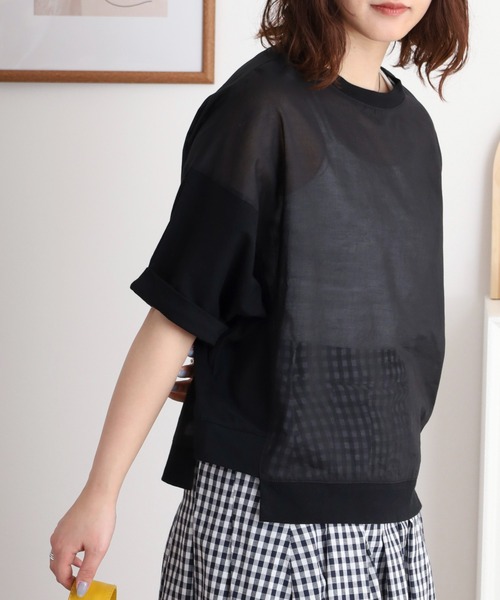アンナニコラ Anna Nicola 異素材切替ドルマンスリーブシアーカットソー【日本製】 （ブラック） セール】Anna Nicola 異素材切替ドルマンスリーブシアー