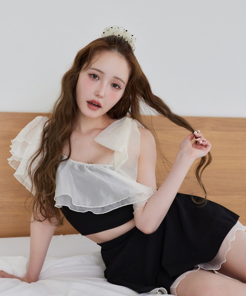 one after another NICE CLAUP（ワンアフターアナザーナイスクラップ）の「swimwear/肩リボンワンショルダー/3点セット（水着・レディース・アイボリー/ブラック/ミント・FREE）」の11枚目の写真