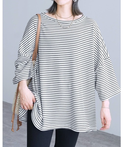 reca(レカ)の「無地/ボーダー柄 ワッフルボックスワイドTシャツ(Tシャツ/カットソー・レディース・ホワイト×ブラウン/ホワイト×ブラック/ブラック/グレー・FREE)」の2枚目の写真