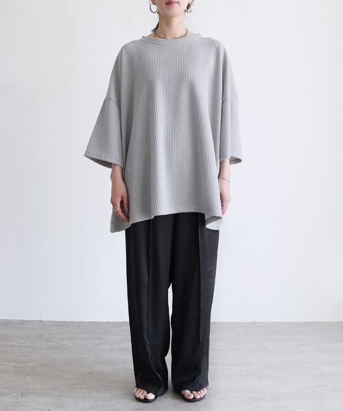 reca(レカ)の「無地/ボーダー柄 ワッフルボックスワイドTシャツ(Tシャツ/カットソー・レディース・ホワイト×ブラウン/ホワイト×ブラック/ブラック/グレー・FREE)」の5枚目の写真