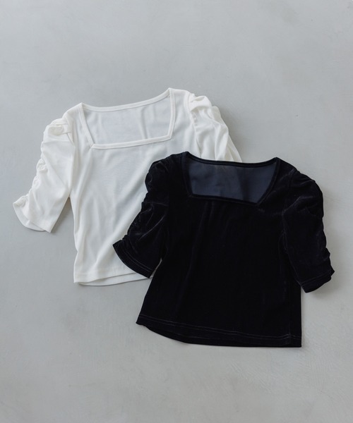 SENEE パフスリーブスクエアネックトップス　黒 puff sleeve square tops（パフスリーブスクエアトップス）（T