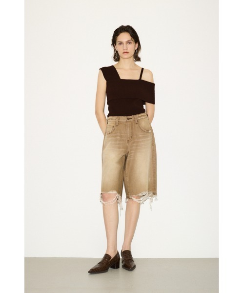THROW RIPPED HALF DENIM PTハーフデニムパンツ ブラウン セール】THROW RIPPED HALF DENIM PT/BE リップド ハーフ デニム
