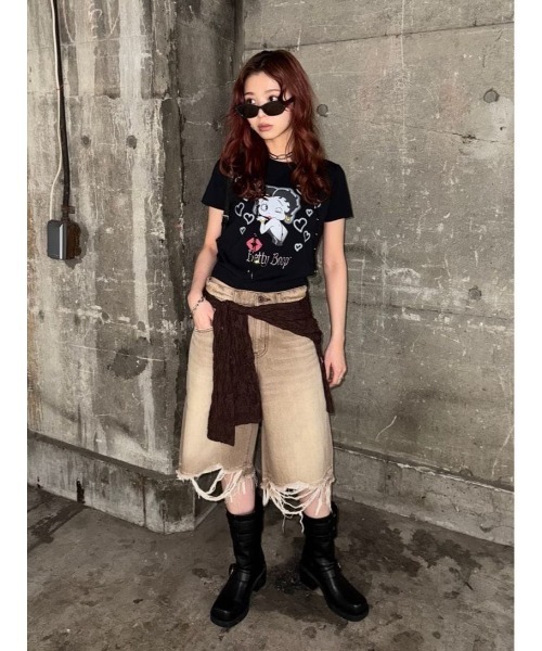 SLY デニムパンツ ハーフパンツ セール】THROW RIPPED HALF DENIM PT/BE リップド ハーフ デニム