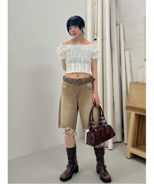 THROW by SLY（スローバイスライ）の「THROW RIPPED HALF DENIM PT/BE リップド ハーフ デニム パンツ ビーイー（デニムパンツ・レディース・ライトブルー/ブラウン・0/1）」の19枚目の写真