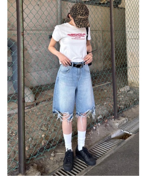 THROW RIPPED HALF DENIM PTハーフデニムパンツ ブラウン セール】THROW RIPPED HALF DENIM PT/BE リップド ハーフ デニム