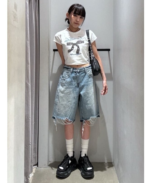 THROW RIPPED HALF DENIM PTハーフデニムパンツ ブラウン セール】THROW RIPPED HALF DENIM PT/BE リップド ハーフ デニム