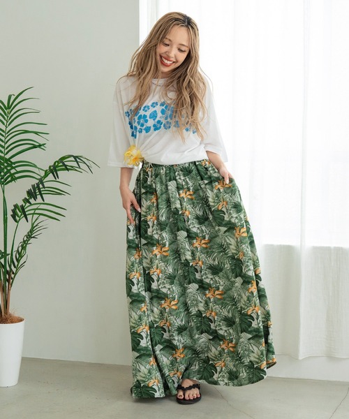 anap mimpi（アナップミンピ）の「ボタニカル柄 レーヨン タック フレア ロング スカート【セットアップ着用可】（スカート・レディース・グリーン/ブラック・FREE）」の10枚目の写真