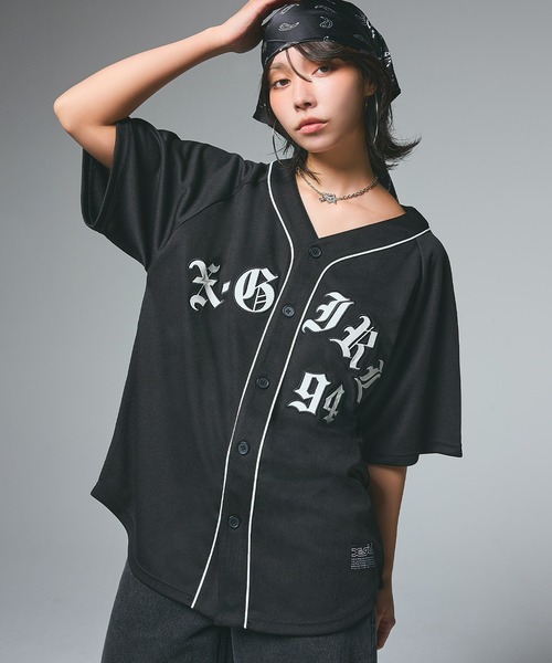 エックスガール X-girl OLD ENGLISH LOGO BASEBALL SHIRT オールド イングリッシュ ベースボールシャツ 半袖 レディース ストリート ブランド 新品 正規品 X-girl エックスガール OLD ENGLISH LOGO BASEBALL SHIRT