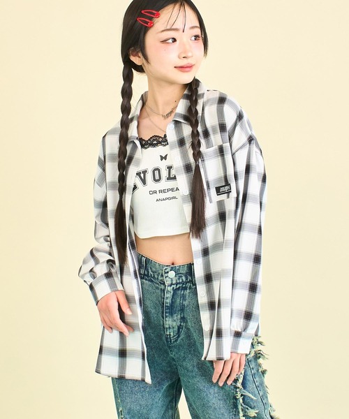 ANAP GｉRL（アナップガール）の「ANAPR+S オーバーチェックシャツ (キッズお揃い)【ユニセックス】（シャツ/ブラウス・キッズ・ホワイト/ブラック・M/S/XS）」の4枚目の写真