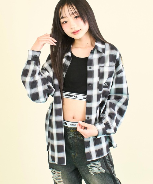 ANAP GｉRL（アナップガール）の「ANAPR+S オーバーチェックシャツ (キッズお揃い)【ユニセックス】（シャツ/ブラウス・キッズ・ホワイト/ブラック・M/S/XS）」の9枚目の写真