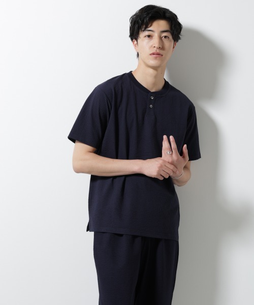 セール】ジャージーサッカーヘンリーネックTシャツ 半袖（Tシャツ