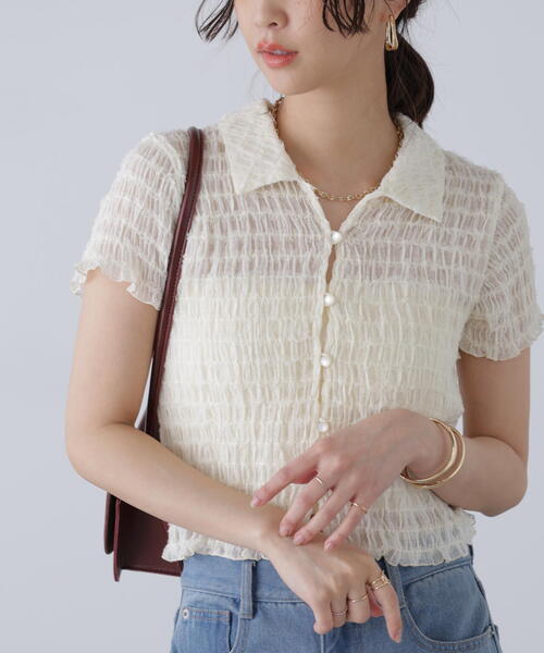 FREE'S MART（フリーズマート）の「◆シアーギャザーフリル半袖ブラウス（シャツ/ブラウス・レディース・ピンク/ブラック/ホワイト・FREE）」の4枚目の写真