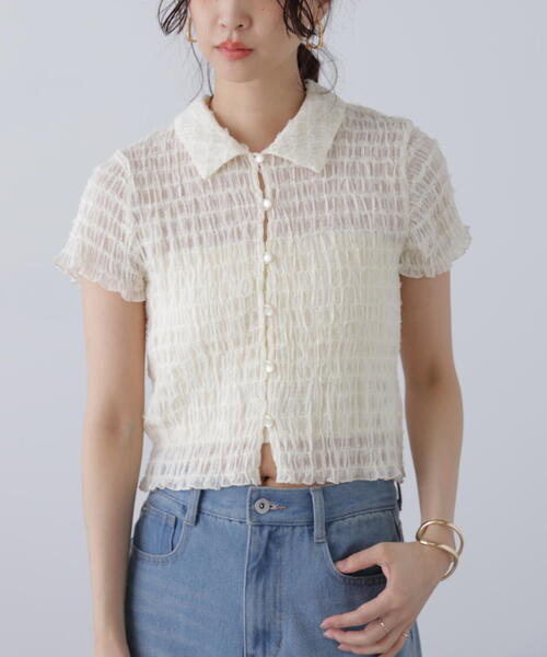 FREE'S MART（フリーズマート）の「◆シアーギャザーフリル半袖ブラウス（シャツ/ブラウス・レディース・ピンク/ブラック/ホワイト・FREE）」の8枚目の写真