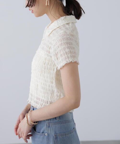 FREE'S MART（フリーズマート）の「◆シアーギャザーフリル半袖ブラウス（シャツ/ブラウス・レディース・ピンク/ブラック/ホワイト・FREE）」の9枚目の写真