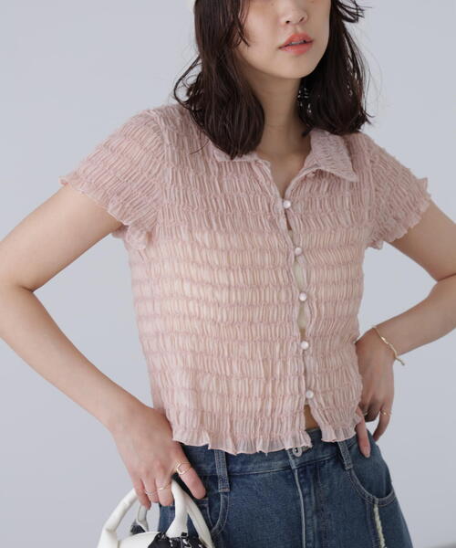 【セシリーバンセン】 半袖Tシャツ ギャザーフリル 短丈 綿混 白 cs01901.jpg