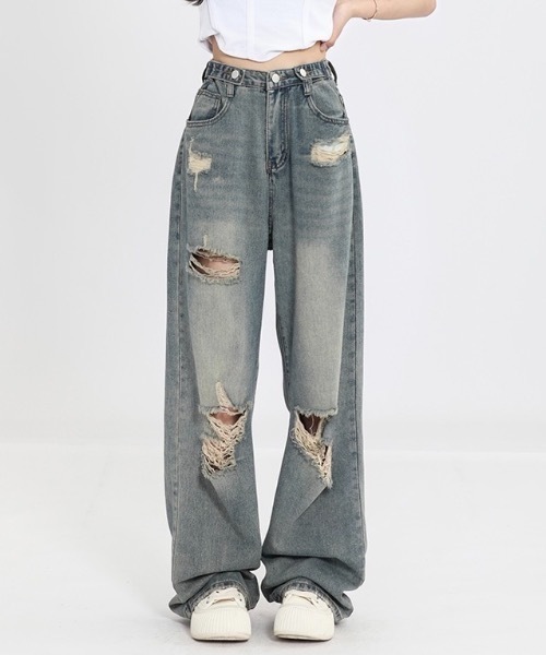 FUNdaysion（ファンデイション）の「ウエストアジャストダメージデニムパンツ（デニムパンツ・レディース・サックスブルー・L/M/S）」の2枚目の写真