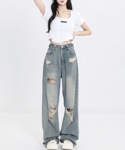 FUNdaysion（ファンデイション）の「ウエストアジャストダメージデニムパンツ（デニムパンツ・レディース・サックスブルー・L/M/S）」の4枚目の写真