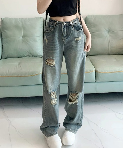 FUNdaysion（ファンデイション）の「ウエストアジャストダメージデニムパンツ（デニムパンツ・レディース・サックスブルー・L/M/S）」の5枚目の写真
