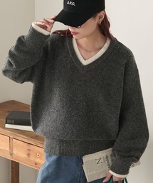 もちもちレイヤード配色Vニットプルオーバー