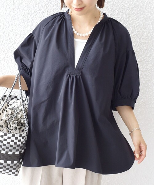 SHIPS for women / シップスウィメン 〈接触冷感 / 撥水加工〉TEX BRID(R)タフタ スキッパー 5分袖 ブラウス 接触冷感 / 撥水加工〉TEX BRID(R)タフタ スキッパー 5分袖