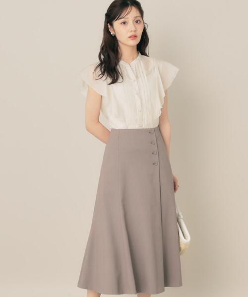 couture brooch（クチュールブローチ）の「【2WAY・通勤・きれいめ】リネンライク サス付きスカート（スカート・レディース・ナチュラル/ブラウン系その他/サックスブルー・42/40/38/36）」の4枚目の写真