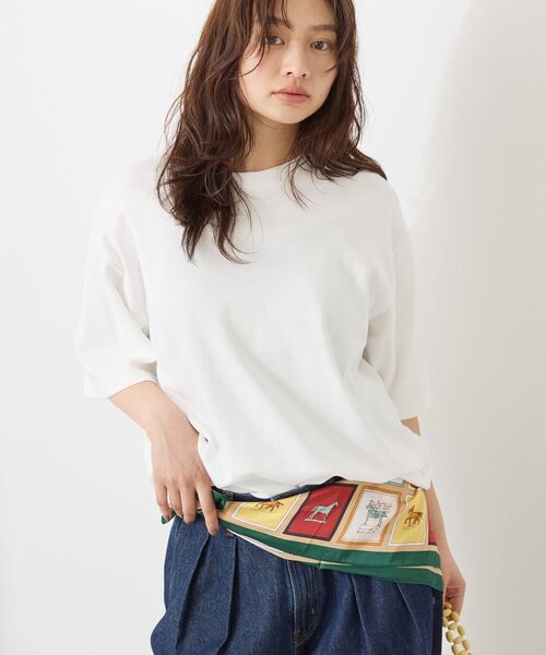 45R 半袖 クルーネック Tシャツ カットソー 3 ボタニカル柄 ベージュ♪ セール】 オーガニック天竺 クルーネックプリント刺繍半袖T