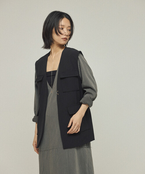 Firsthand(ファーストハンド)の「Firsthand/ファーストハンド ダブルクロス 4ポケット ジレ / ベスト(ベスト・レディース・ブラック/オフホワイト・フリ-)」の7枚目の写真