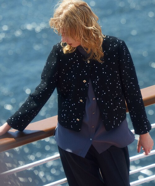 セール】フラワースパンコール ツイードジャケット（ノーカラー