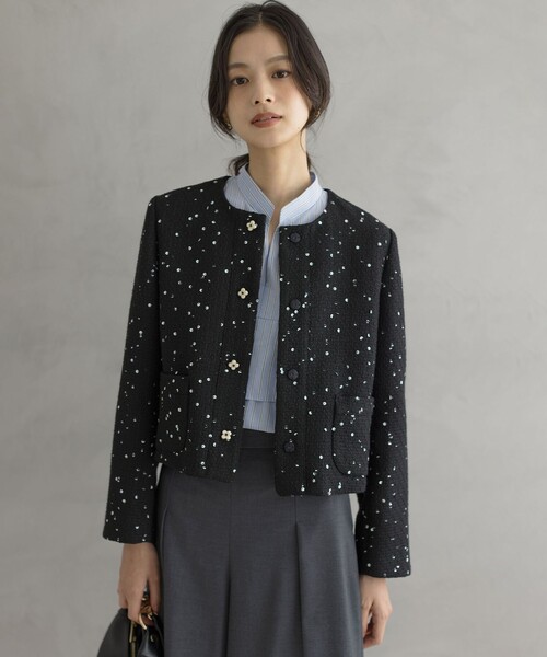 セール】フラワースパンコール ツイードジャケット（ノーカラー