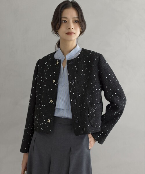セール】フラワースパンコール ツイードジャケット（ノーカラー