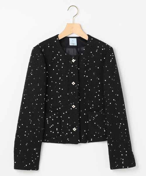 スパンコールツイードジャケット セール】フラワースパンコール ツイードジャケット（ノーカラー