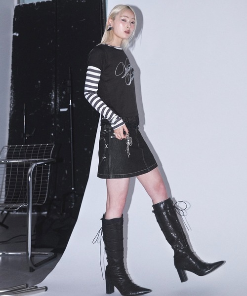 Heart Tattoo(ハートタトゥー)の「Heart Pocket Denim Mini Skirt / ハートポケットデニムミニスカート(デニムスカート・レディース・ブラック/ブラック系/グリーン系・0/1)」の9枚目の写真