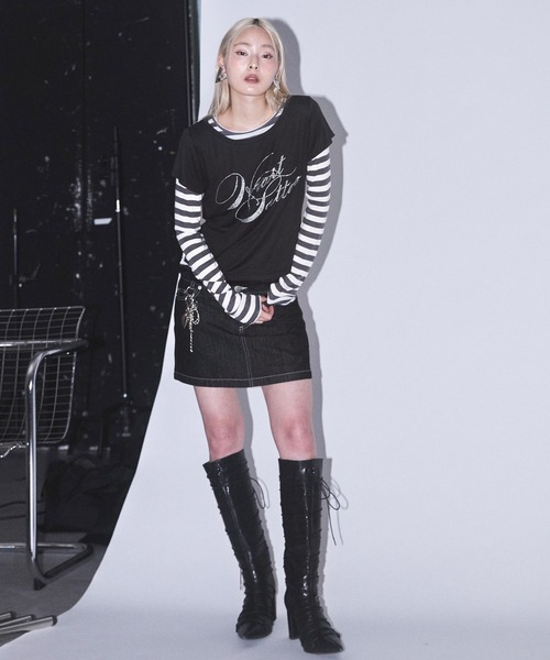 Heart Tattoo(ハートタトゥー)の「Heart Pocket Denim Mini Skirt / ハートポケットデニムミニスカート(デニムスカート・レディース・ブラック/ブラック系/グリーン系・0/1)」の10枚目の写真