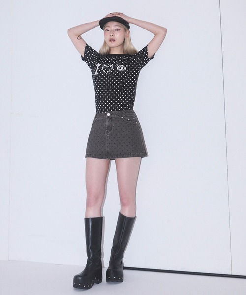 Heart Tattoo(ハートタトゥー)の「Heart Pocket Denim Mini Skirt / ハートポケットデニムミニスカート(デニムスカート・レディース・ブラック/ブラック系/グリーン系・0/1)」の17枚目の写真