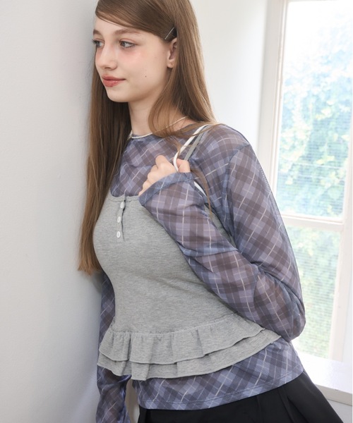 チェック柄シアートップス/checked sheer top（Tシャツ