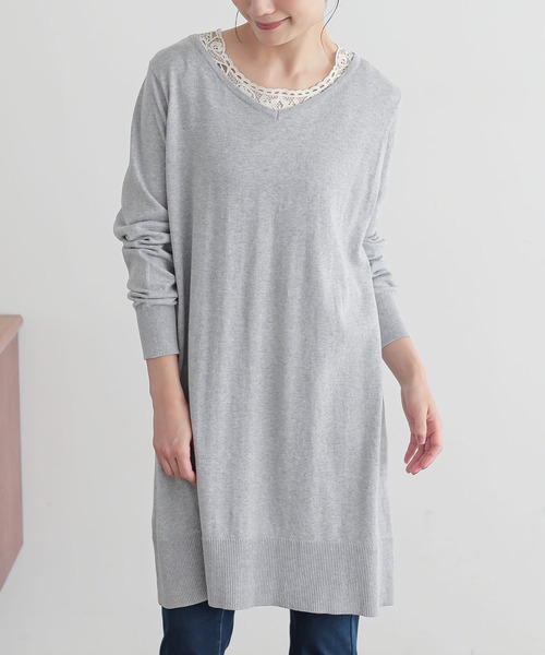 n'OrLABEL（ノアールレーベル）の「『Vネックニットチュニック』（ニット/セーター・レディース・ネイビー/ブラック/杢グレー/ブルーグリーン・1/2）」の2枚目の写真