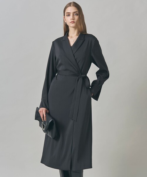 セール】ストレッチダブルサテン テーラーカラー ラップワンピース