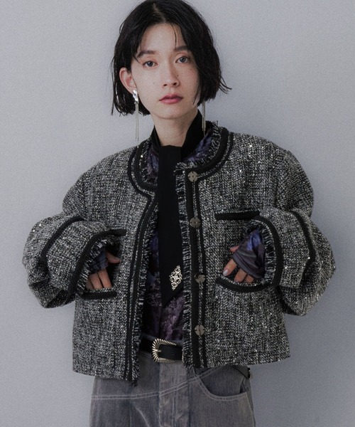 【完売品】アソートラメツイードジャケット(HARE) アソートラメツイードジャケット(HARE)（ノーカラージャケット）｜HARE