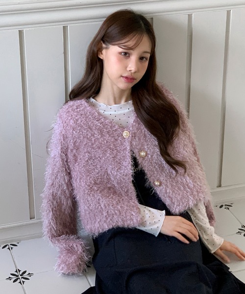 by muni:r(バイ ムニール)の「【着用動画あり・5色展開】シャイニーファークロップカーディガン(カーディガン/ボレロ・レディース・パープル/オリーブ/ブラック/アイボリー/グレー・FREE)」の5枚目の写真