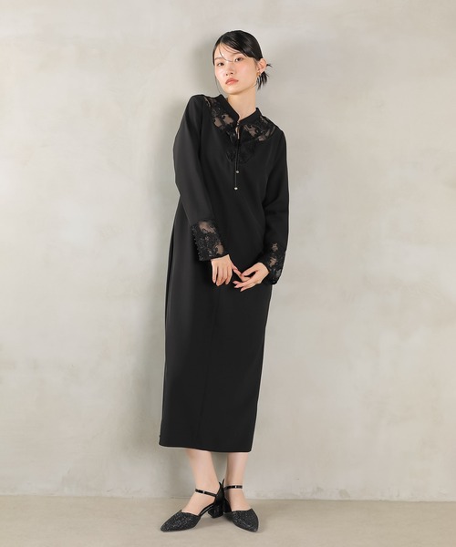 モールレース ブザムデザイン スタンドカラー Iライン ワンピース