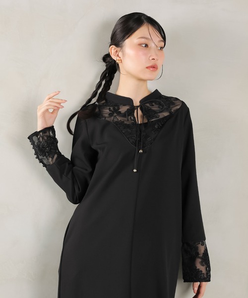 Kana(カナ)の「モールレース ブザムデザイン スタンドカラー Iライン ワンピース ドレス パーティー 結婚式 お呼ばれ オケージョン(ドレス・レディース・ダークブラウン/ブラック/カーキ・M)」の6枚目の写真