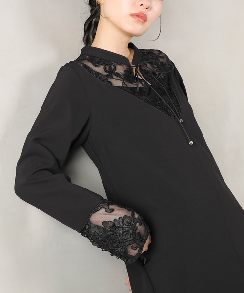 Kana(カナ)の「モールレース ブザムデザイン スタンドカラー Iライン ワンピース ドレス パーティー 結婚式 お呼ばれ オケージョン(ドレス・レディース・ダークブラウン/ブラック/カーキ・M)」の5枚目の写真